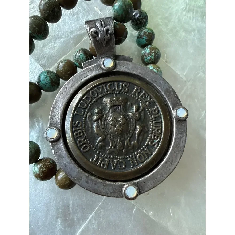 French Kande Long Stone Medallion Necklace with Opalite Style Stone Accents